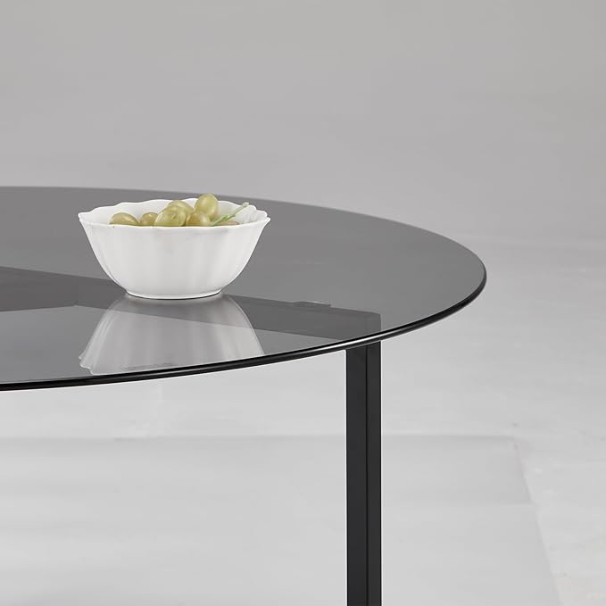 Round Coffee Table, 35.4 Inch Circle Glass Top Center Table with Iron Legs, Modern Minimalist Design for Living Room, Office (Black Top)