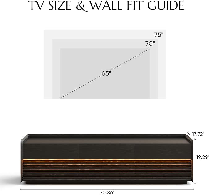 POVISON Fully-Assembled Mid Century Modern TV Stand, 70.87" Entertainment Center with LED Light, Black Walnut Solid Wood TV Console for Living Room, TV Stand with Storage - Image 4