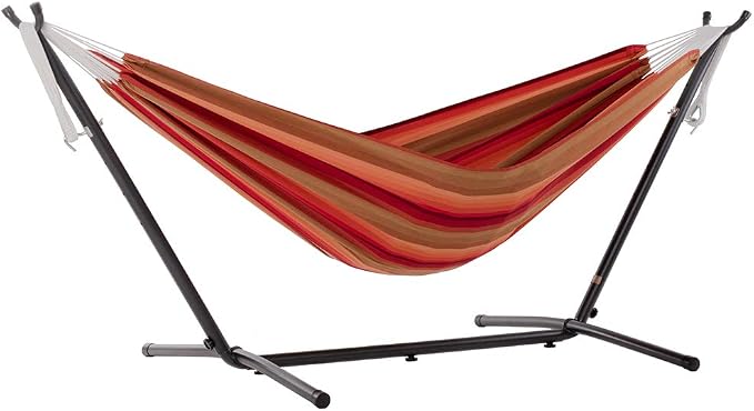 Vivere Brazilian Style Sunbrella Double Hammock with Steel Stand Combo, Sunset by Vivere