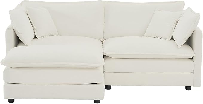 KEIKI Loveseat Sofa, Upholstered 2 Seater Couch with 1 Footrest, Oversized L-Shaped Sectional Sofa with Ottoman for Living Room Bedroom Office, White