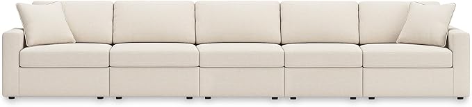 Signature Design by Ashley Modmax Stain Resistant Modern Modular Straight 5-Piece Sectional with Reversible Cushions, Removable Covers, USB Ports and 2 Accent Pillows, White