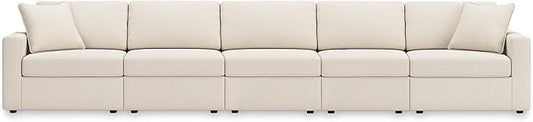 Signature Design by Ashley Modmax Stain Resistant Modern Modular Straight 5-Piece Sectional with Reversible Cushions, Removable Covers, USB Ports and 2 Accent Pillows, White