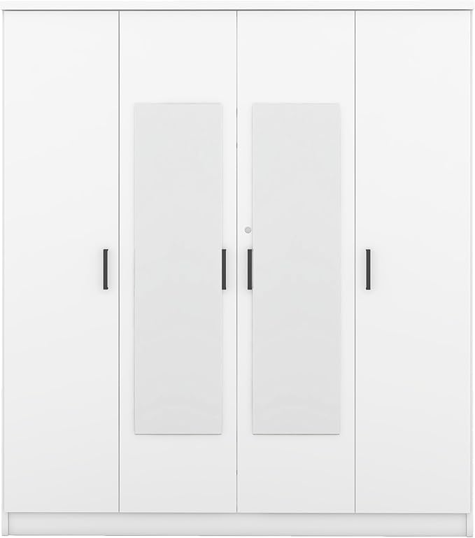 Merax 4 Doors Closet Wardrobe with Mirror Door and Hanging Rail, Wood Closet Organizers and Storage with One Drawer and Two 4-Tier Storage Shelves, Top Cabinet for Bedroom, Laundry Room, White