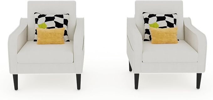 Ribilake Cream Accent Chair Set of 2 - Upholstered Armchair with Side Pockets, Comfy Living Room Arm Chair, Reading Accent Chairs for Bedroom, Living Room, Apartment, Office