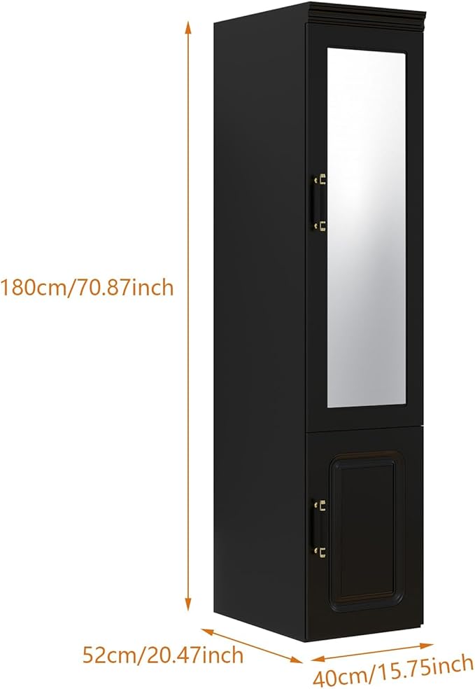 Modern Black 1 Door Armoire Wardrobe Closet with Mirror, Hanging Rod & Storage for Bedroom