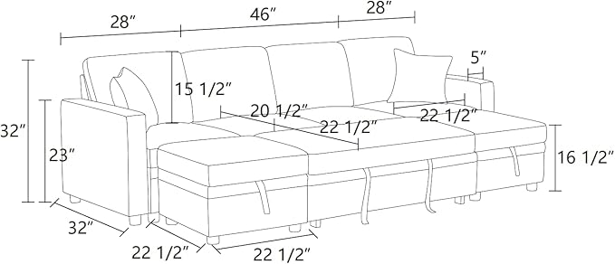 Sleeper Sofa Couch Bed, Convertible Sofa Bed with Armrests, Sectional Sofa with Storage Seat U Shaped Sectional Couch with Reversible Chaise for Living Room Apartment Bedroom Office