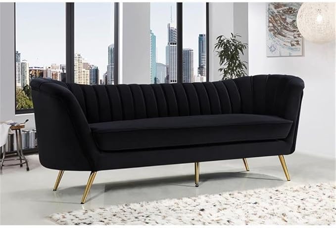Meridian Furniture Margo Collection Modern | Contemporary Velvet Upholstered Sofa with Deep Channel Tufting and Rich Gold Stainless Steel Legs, Black, 88" W x 30" D x 33" H