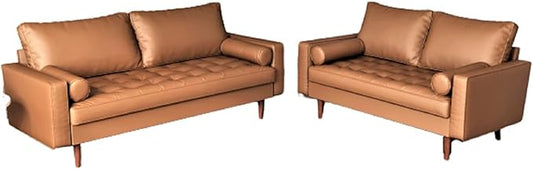 Womble Mid Century Modern Couch with Bolster Pillows, PU Leather Upholstered Tufted Seat, Versatile Retro Design for Comfortable Living Spaces, Loveseat, Sofa, Coffee Brown