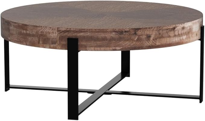 Wood Round Coffee Table, 31 Inch Farmhouse Rustic Fir Wooden Table Top Cross Metal Legs Circle Coffee Table for Living Room, Black