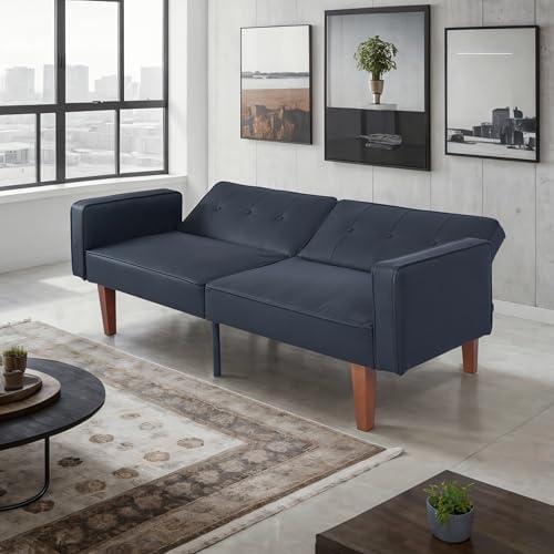 Adjustable Backrest Convertable Sofa, Modern Fabric 2-Seat Futon Sofa, Convertible Fabric Sleeper Couch with Armrests, Couch for Living Room Home Office Spaces, Black