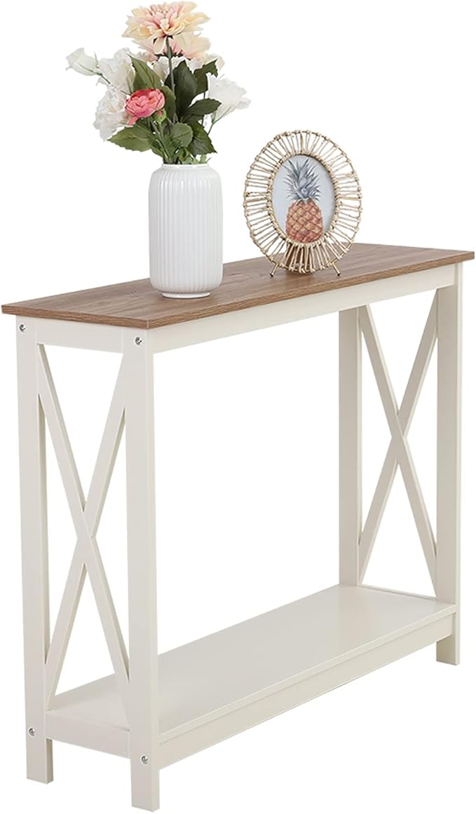 Sophia & William Farmhouse Console Table with Storage Shelf, 2 Tier Sofa Table for Entryway, Hallway, Living Room, Ivory
