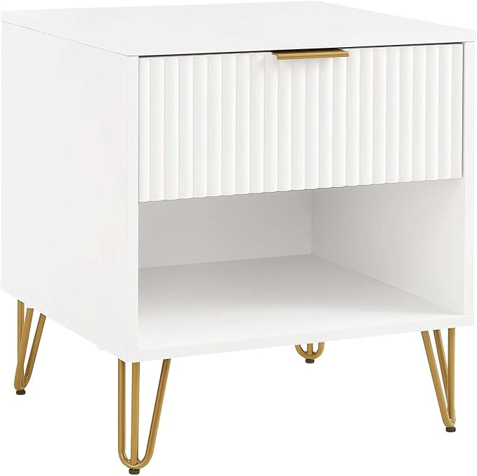 Manhattan Comfort Dumbo Modern Nightstand 1.0 with 1 Drawer and Metal Feet | Splayed Gold Legs | Vertical Ribbed Design | No Tool Assembly Storage for Bedroom & Living Room, Set of 2, White - Image 8
