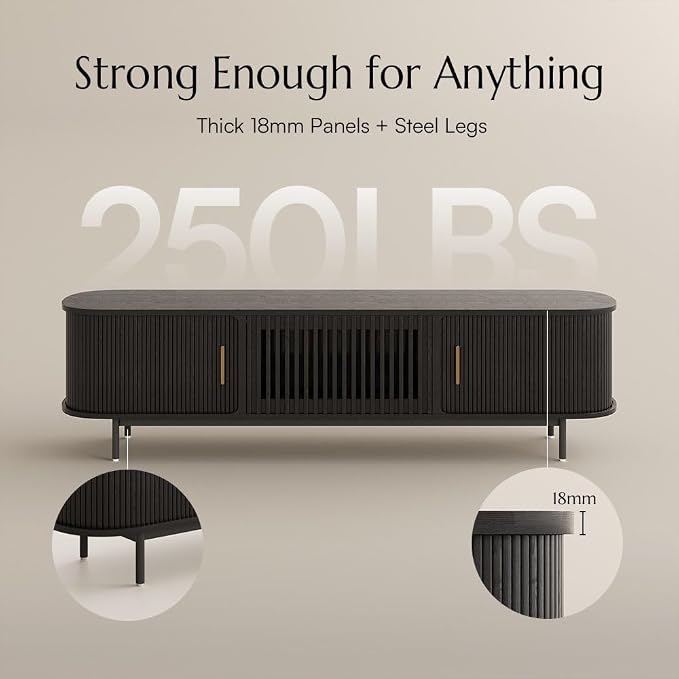 POVISON Fully-Assembled Sliding Tambour Door TV Stand, Mid Century Modern Sintered Stone TV Console, Wood Media Console for 85 Inch TV, Entertainment Center with Storage Cabinet(Black, 94.49") - Image 2