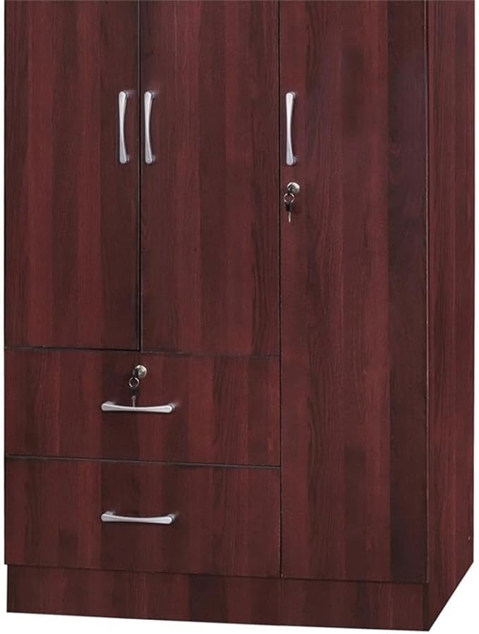 Pemberly Row Modern 2 Drawer Wooden Wardrobe Armoire Closet, Mahogany Finish, 72" H x 36" W x 20" D, Engineered Wood, Clothing Rod, Shelves, Soft-Close Doors, Bedroom Storage Solution