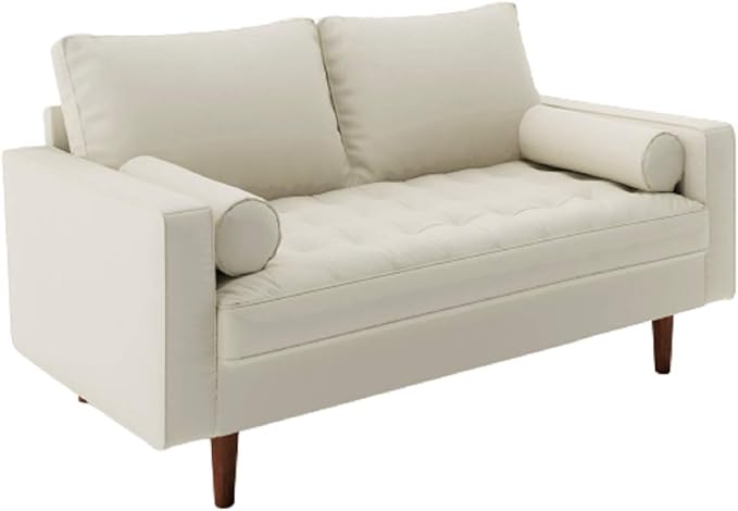Womble Mid Century Modern Couch with Bolster Pillows, PU Leather Upholstered Tufted Seat, Versatile Retro Design for Comfortable Living Spaces, Loveseat, Sleek White