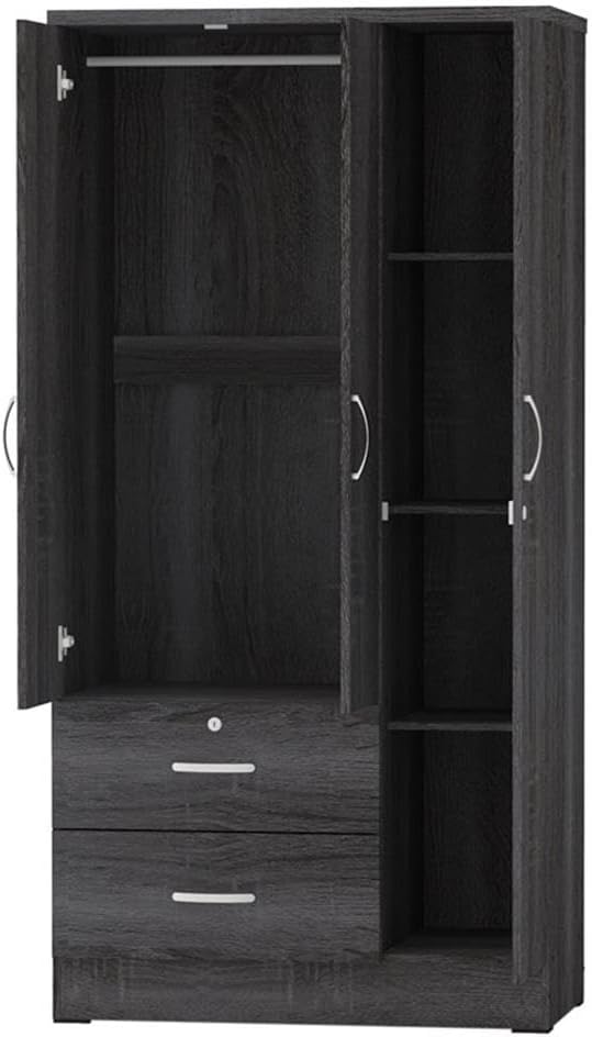 Pemberly Row Modern 2 Drawer Wooden Wardrobe Armoire Closet, Gray Finish, Engineered Wood, 72” H x 36” W x 20” D, Hanging Rod, Shelves, Lockable Drawer, Sleek Bedroom Storage Unit