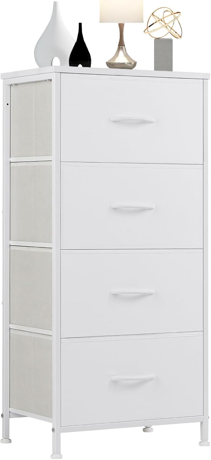 Simple Deluxe 4 Drawer Dresser, Fabric Storage Tower Organizer with Sturdy Steel Frame and Wood Top, Easy Pull Handles, for Bedroom, Entryway, Hallway, White