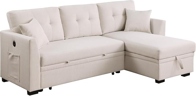 ERYE 81.5-inch Pull Out Sleeper Couch Bed, L-Shaped Reversible Sleeper Sectional Sofa Velvet Tufted Upholstered Corner Convertible Sofa Bed with Storage Chaise,USB Ports
