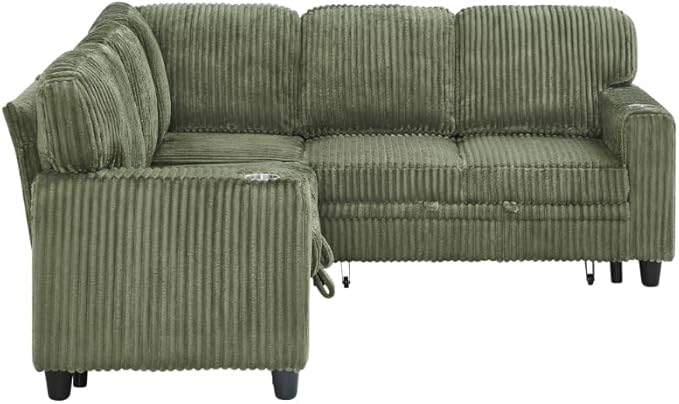 ERYE L-Shaped Symmetrical Sleeper Sectional Sofa W/Pull Out Sleeper Couch Bed and Storage Seat for Living Room, Corduroy Tufted Corner Convertible Sofa Bed with USB-C Ports