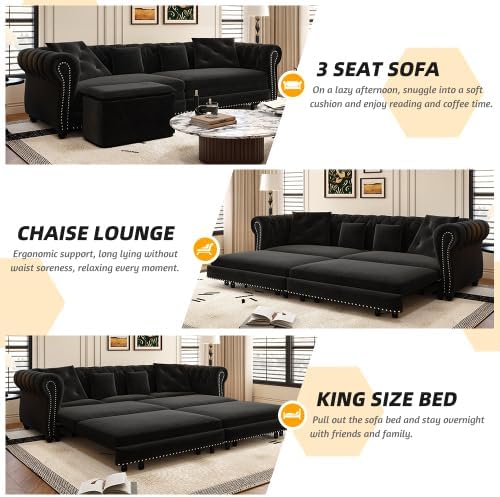 KEIKI 3-in-1 Velvet Chesterfield Sofa Bed with Ottoman, 89" Convertible King Size Sleeper Couch, Rolled Arm 3-Seater Sofa for Living Room or Bedroom, Black