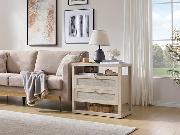 VividVibe Light Oak Night Stand Set 2, Nightstand with Drawers and Storage Shelf - Rattan Boho Bedside Tables Large Nightstands Wooden Bed Side Table, Modern Farmhouse Accent End Table - Image 9