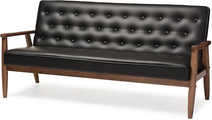Baxton Studio Sorrento Mid-Century Retro Modern Faux Leather Upholstered Wooden 3-Seater Sofa, Black