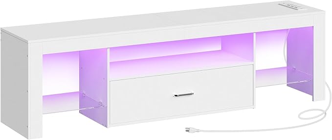 HOOBRO LED TV Stand with Power Outlets to 65 inch TV, Gaming Entertainment Center with Glass Shelves and Large Drawer, Modern Media TV Console Table for Living Room Bedroom, White WT14UDDS01 - Image 9
