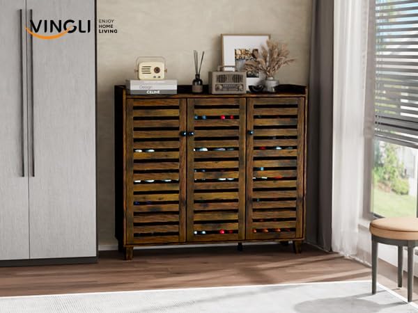 VINGLI Large Shoe Cabinet with 3 Doors 6-Tier Ultra Wide Shoe Cabinet Storage for Entryway 30 Pairs Tall Shoe Organizer Cabinet Wooden Farmhouse Shoe Rack Cabinet Rustic Brown - Image 9