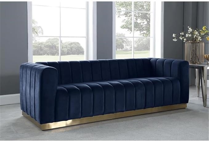 Meridian Furniture 603Navy-S Marlon Collection Modern | Contemporary Velvet Upholstered Sofa with Deep Channel Tufting, Stainless Steel Base in a Brushed Gold Finish, Navy, 86.5" W x 34" D x 28" H