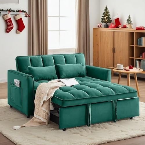 Convertible Sofa Bed, Pull Out Couch with Side Pockets, 3 in 1 Velvet Fabric Loveseat Sleeper Sofa Bed, Pull Out Couch with Adjustable Backrest for Living Room, Bedroom, Apartment, Green
