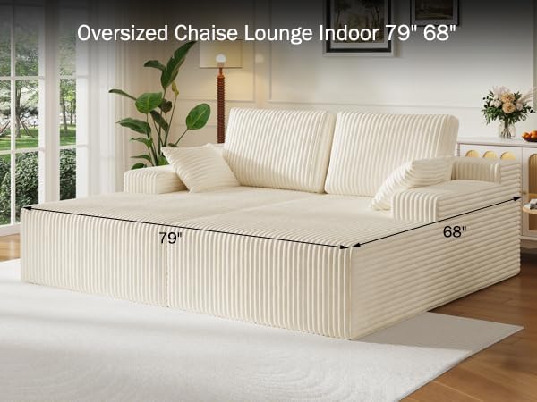 106" Boneless Couches for Living Room, Modular Sectional Sofa, L-Shape Sofa Couches,Cloud Couch Sectional, Comfy Corduroy Sofa, with Deep Seat, No Assembly Required (Beige, Loveseat Chaise)