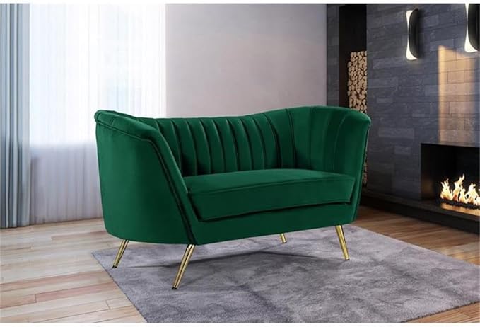 Meridian Furniture Margo Collection Modern | Contemporary Velvet Upholstered Loveseat with Deep Channel Tufting and Rich Gold Stainless Steel Legs, Green, 65" W x 30" D x 33" H