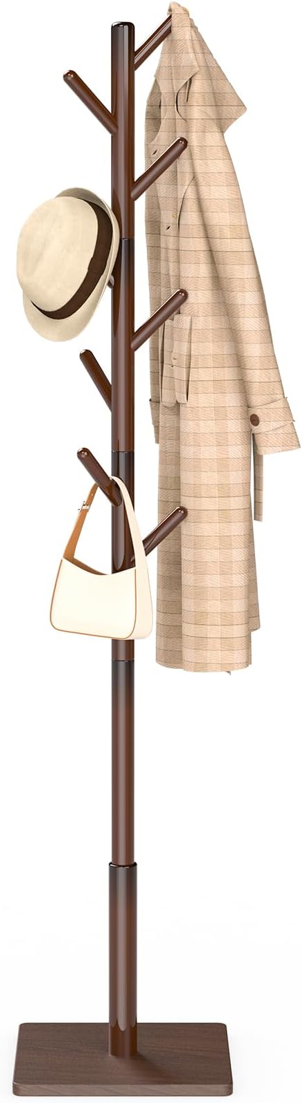 Coat Rack Freestanding with Stable Square Base, Entryway Furniture with 3 Adjustable Sizes and 8 Hooks, Used in Bedroom, Office and Hallway, Brown by YheenLf