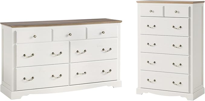 AMERLIFE 2 Piece Bedroom Set Including Farmhouse 7 Drawer Dresser and 6 Chest of Drawers, Wood Tall Dressers Organizer with Metal Handle for Bedroom, White