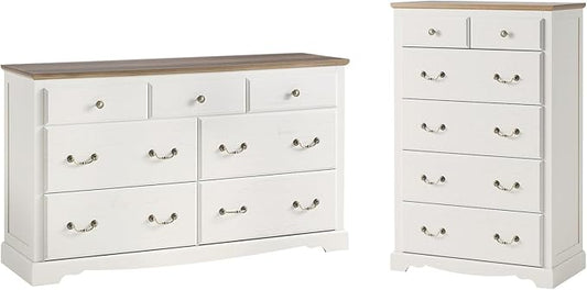 AMERLIFE 2 Piece Bedroom Set Including Farmhouse 7 Drawer Dresser and 6 Chest of Drawers, Wood Tall Dressers Organizer with Metal Handle for Bedroom, White