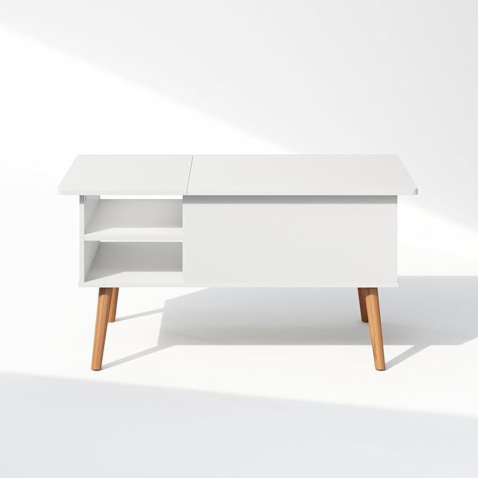 Furinno Jensen Wooden Leg Lift Top Coffee Table with Hidden Compartment and Side Open Storage Shelf for Living Room, Solid White