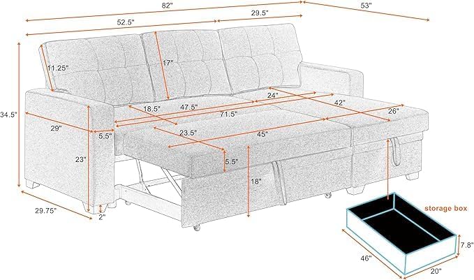 ERYE 82-inch Pull Out Sleeper Couch Bed, L-Shaped Reversible Sleeper Sectional Sofa Linen Blend Tufted Upholstered Corner Convertible Sofa Bed with Storage Chaise