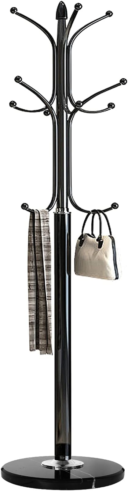 Kertnic Metal Coat Rack Stand with Natural Marble Base, Free Standing Hall Tree with 12 Hooks for Hanging Scarf, Bag, Jacket, Home Entry-way Hat Hanger Organizer (Black) by Kertnic