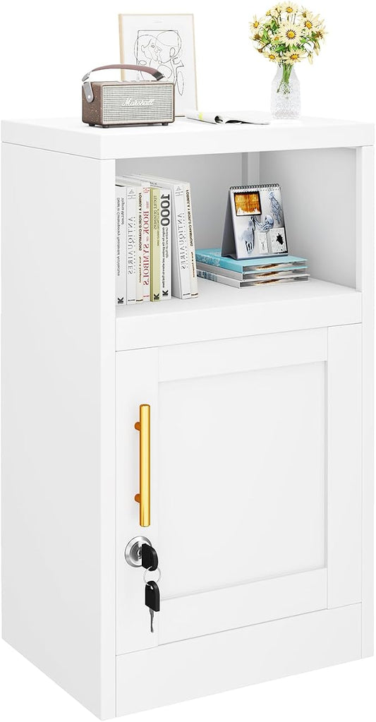 Night Stand, Metal White Nightstand with Adjustbale Shelf and Lock, Locking File Cabinet for Home Office, Bedroom (White, 27.56") by KAIFAM