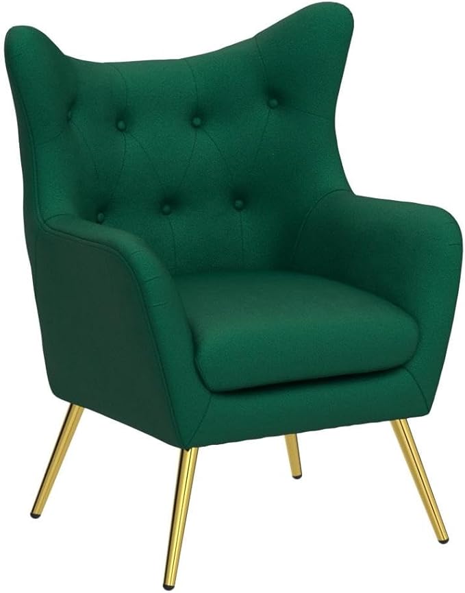 HULALA HOME Velvet Accent Chair, Modern Wingback Armchair with Metal Gold Legs, Velvet Tufted Upholstered Single Sofa Chair for Living Room Bedroom, Dining Room Accent Club Guest Chair (Green)
