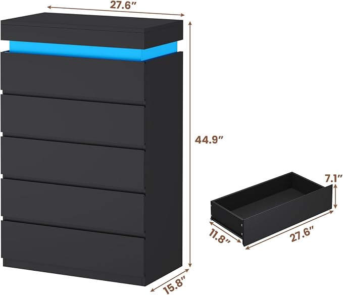 HAUOMS Tall 5 Drawer Dresser with LED Light, Black Modern Chest of Drawers for Bedroom,Closet Dressers with Drawers for Living Room, Entryway, Hallway - Image 2