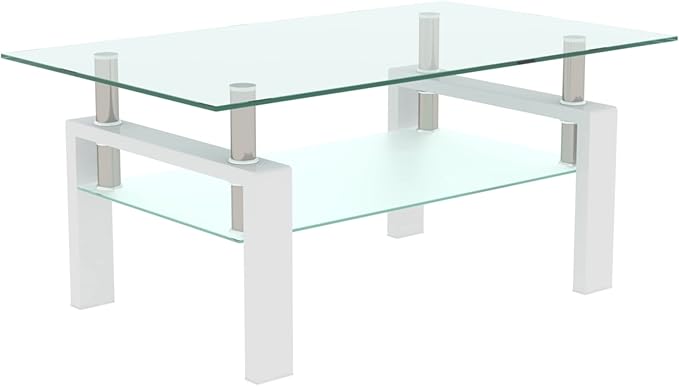 39.4'' Rectangle Glass Coffee Table, White Coffee Table with Tempered Glass & Metal Legs, 2-Tier Modern Center Table with Storage Shelf, Clear Glass Coffee Tables for Living Room, Apartment, Office