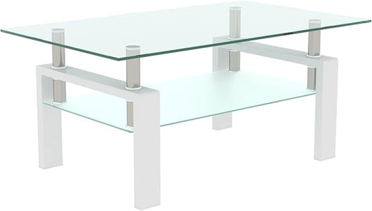 39.4'' Rectangle Glass Coffee Table, White Coffee Table with Tempered Glass & Metal Legs, 2-Tier Modern Center Table with Storage Shelf, Clear Glass Coffee Tables for Living Room, Apartment, Office