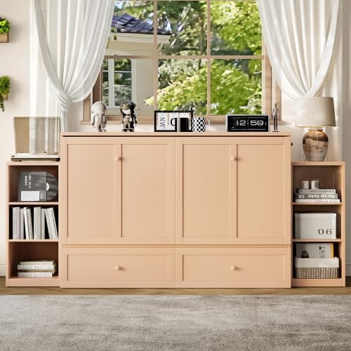 Bellemave Full Size Murphy Bed, Cabinet Bed with 2 Shelves and Storage Drawers, Farmhouse Murphy Cabinet, Noisy Free, for Guest Bedroom, Living Room, Office, Golden
