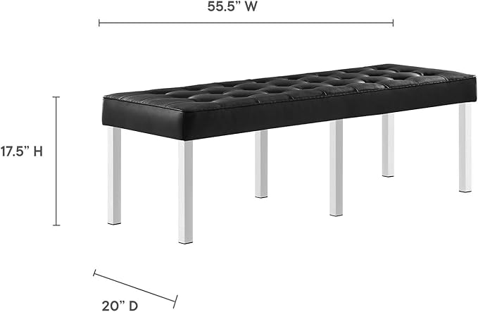 Modway Loft Tufted Button Faux Leather Upholstered Large Accent Bench in Silver Black