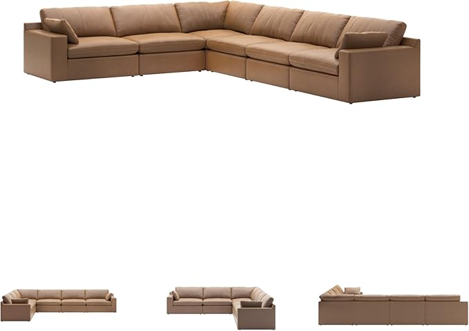 Signature Design by Ashley Emilia Modern L-Shaped Leather Match Modular Anti Sag 6-Piece Sectional with Loose Back Cushions and 2 Bolster Pillows, Orange
