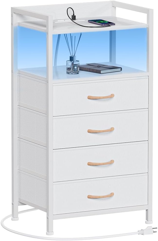 Furnulem White Nightstand with Charging Station, Night Stand Side Table with Led Light, Tall Dresser for Bedroom with 4 Fabric Storage Drawers, Metal Frame, Wood Shelf(White) by Furnulem