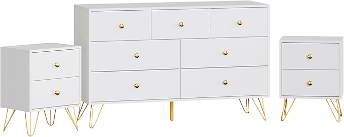 White Dresser and Nightstand Sets for Bedroom,3 Pcs Bedroom Set with Metal Legs, 7 Drawer Dresser & Night Stand Set of 2 with Gold Handles,Bedroom Furniture Sets,Modern Dresser Sets