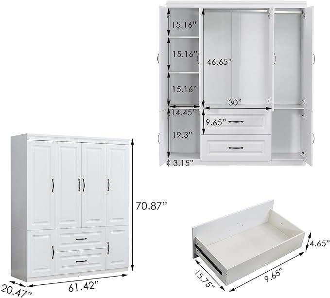Armoire Wardrobe Closet with 2 Doors, White Cabinet with 2 Drawers and Clothes Storage Organizer, Modern Style with Hanging Rod Shleves Suitable for Bedroom(61.42" W x 20.47" D x 74" H)