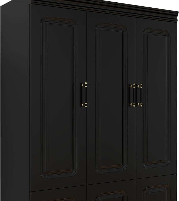 Modern 4-Door Black Armoire Wardrobe Closet with Mirror, 2 Hanging Rods, 2 Drawers, Bedroom Wardrobe